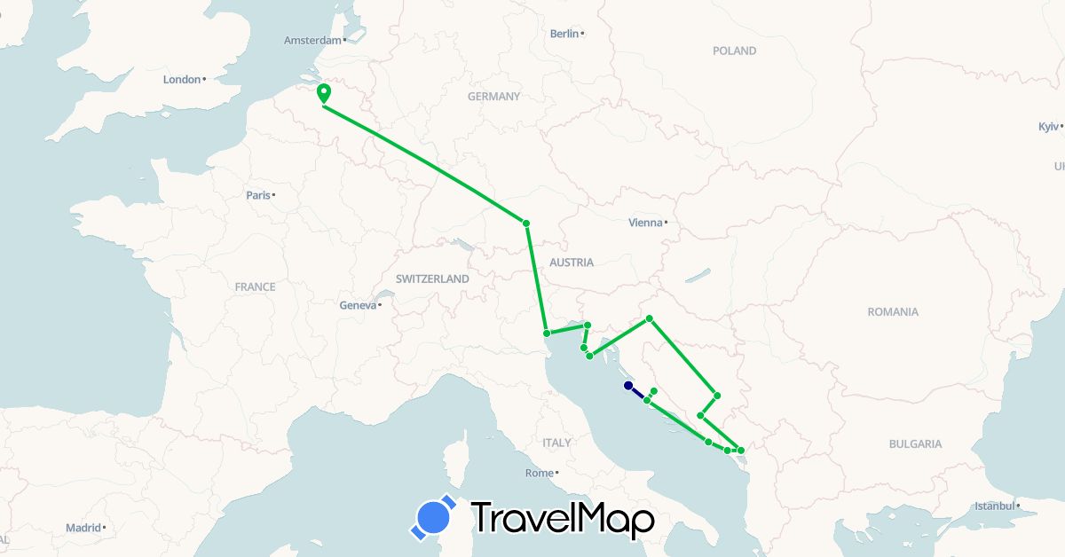 TravelMap itinerary: driving, bus in Bosnia and Herzegovina, Belgium, Germany, Croatia, Italy, Montenegro (Europe)